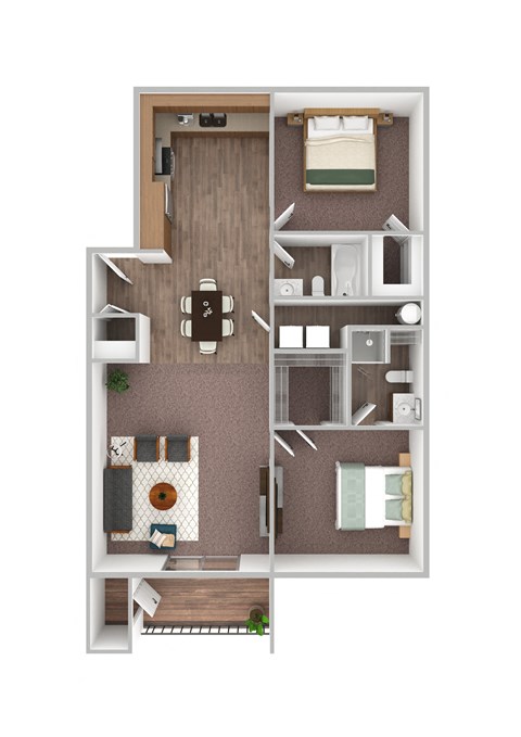 a stylized floor plan with a bedroom and a living room